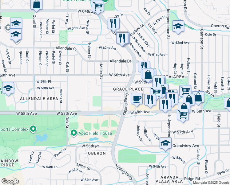 map of restaurants, bars, coffee shops, grocery stores, and more near 10322 West 59th Avenue in Arvada
