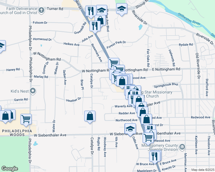 map of restaurants, bars, coffee shops, grocery stores, and more near 83 Cromwell Place in Dayton