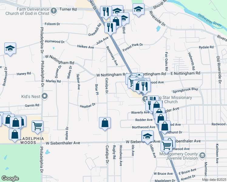 map of restaurants, bars, coffee shops, grocery stores, and more near 115 Bennington Drive in Dayton