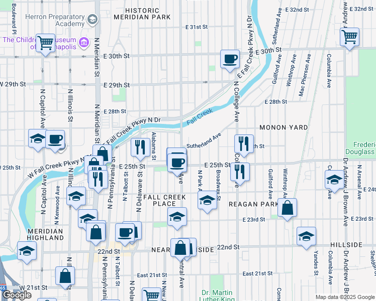 map of restaurants, bars, coffee shops, grocery stores, and more near 501 Sutherland Avenue in Indianapolis