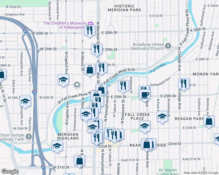 map of restaurants, bars, coffee shops, grocery stores, and more near 2537 North Pennsylvania Street in Indianapolis