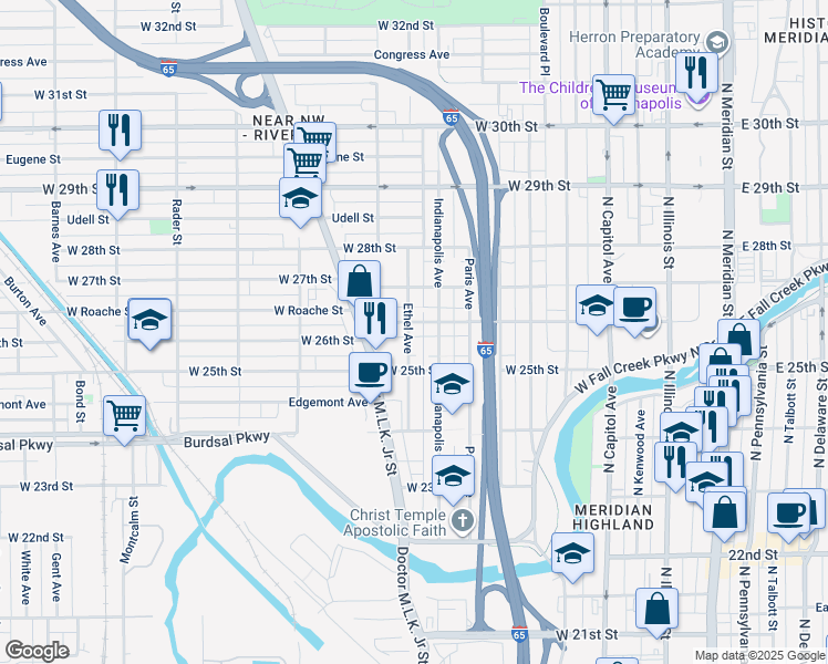 map of restaurants, bars, coffee shops, grocery stores, and more near 525 West 26th Street in Indianapolis
