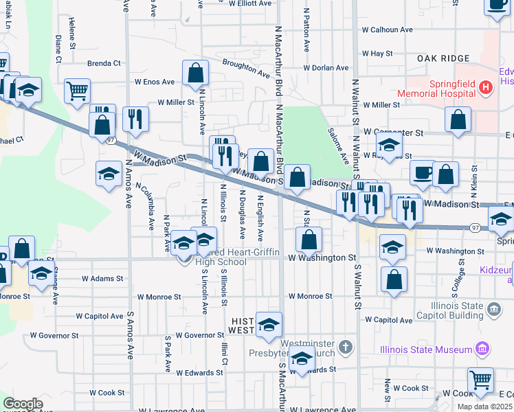 map of restaurants, bars, coffee shops, grocery stores, and more near 221 North English Avenue in Springfield