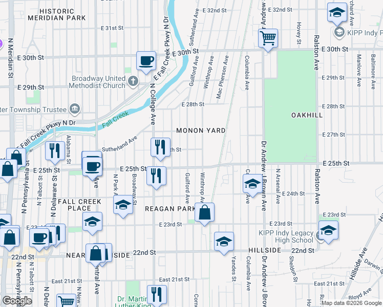 map of restaurants, bars, coffee shops, grocery stores, and more near 2528 Guilford Avenue in Indianapolis