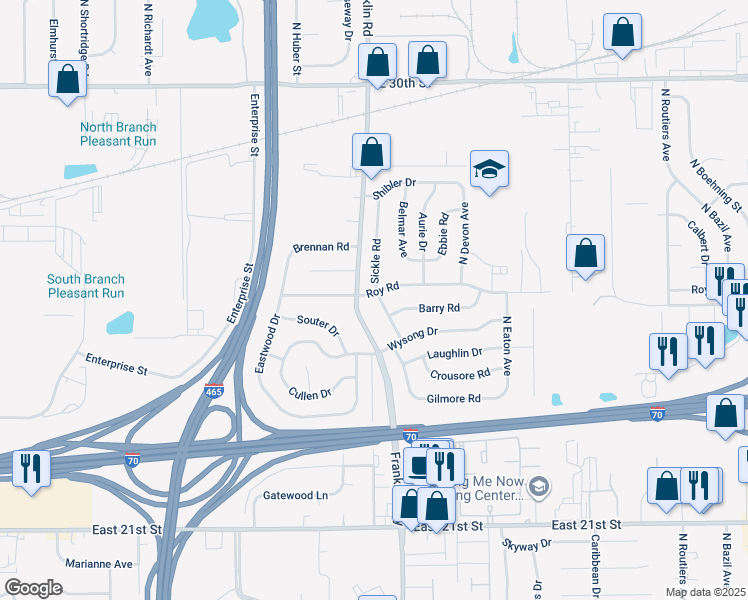 map of restaurants, bars, coffee shops, grocery stores, and more near 8011 Roy Rd in Indianapolis