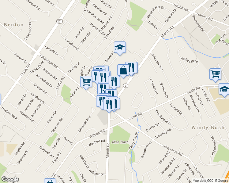map of restaurants, bars, coffee shops, grocery stores, and more near 1830 Marsh Road in Wilmington
