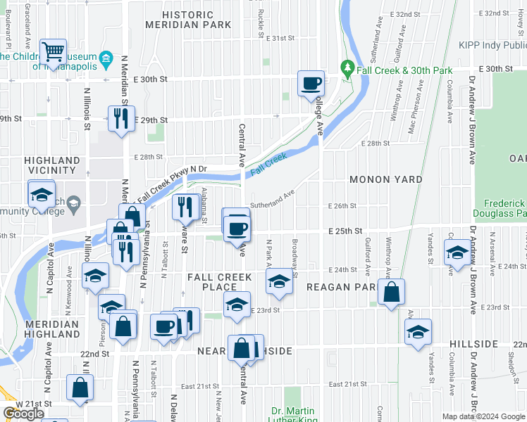 map of restaurants, bars, coffee shops, grocery stores, and more near 2540 North Park Avenue in Indianapolis