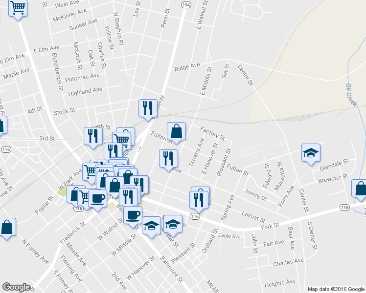 map of restaurants, bars, coffee shops, grocery stores, and more near 399 East Middle Street in Hanover