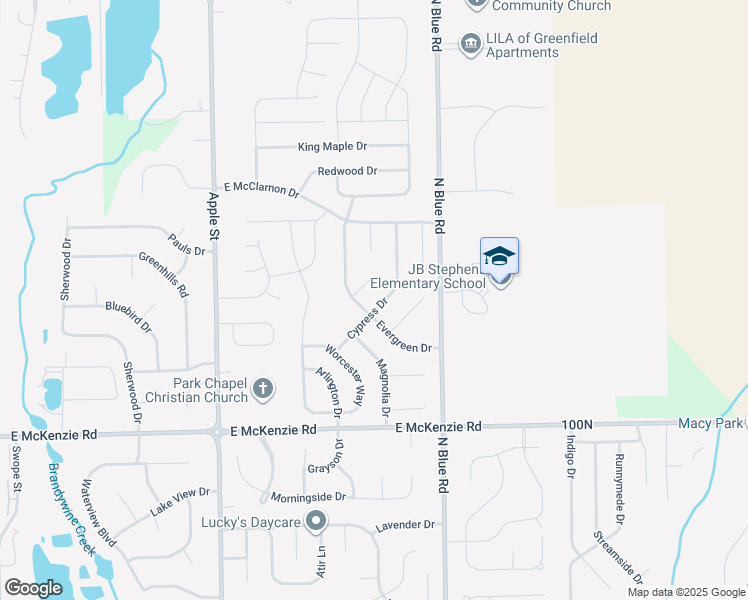map of restaurants, bars, coffee shops, grocery stores, and more near 1360 Cypress Drive in Greenfield