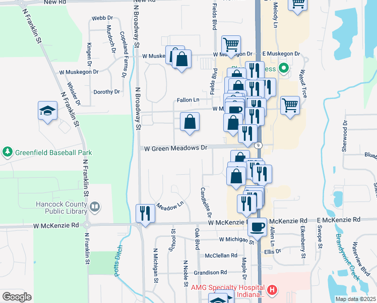 map of restaurants, bars, coffee shops, grocery stores, and more near 301 West Green Meadows Drive in Greenfield