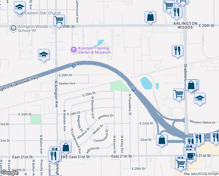 map of restaurants, bars, coffee shops, grocery stores, and more near 6268 East 25th Street in Indianapolis