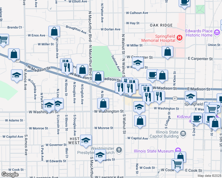 map of restaurants, bars, coffee shops, grocery stores, and more near 301 North Glenwood Avenue in Springfield