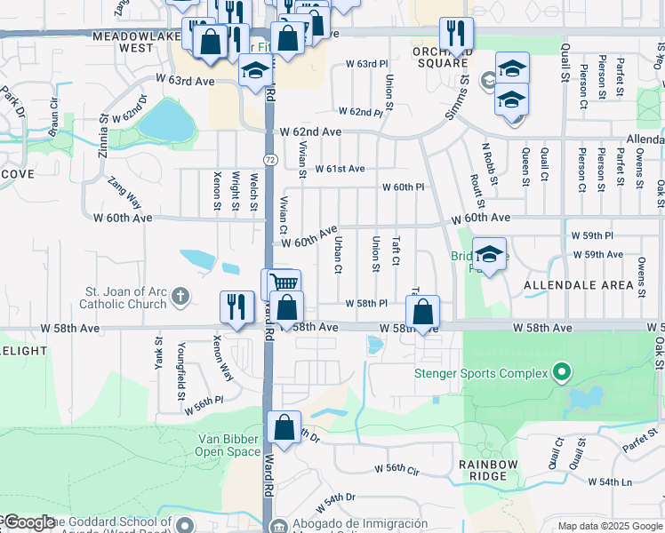 map of restaurants, bars, coffee shops, grocery stores, and more near 5883 Urban Court in Arvada