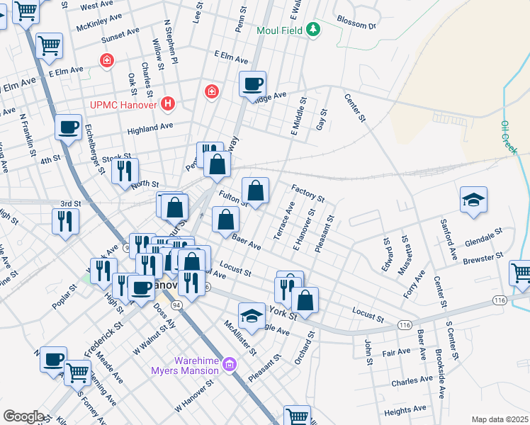 map of restaurants, bars, coffee shops, grocery stores, and more near East Middle Street in Hanover