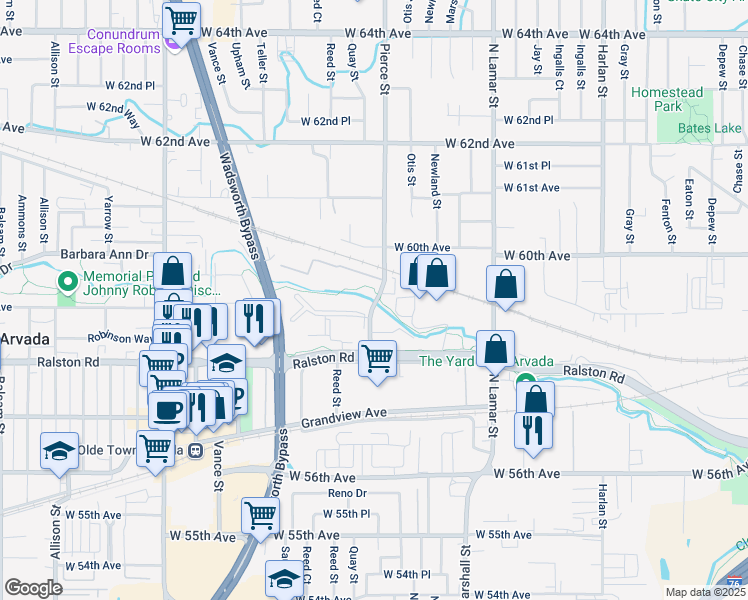 map of restaurants, bars, coffee shops, grocery stores, and more near 5887 Pierce Street in Arvada