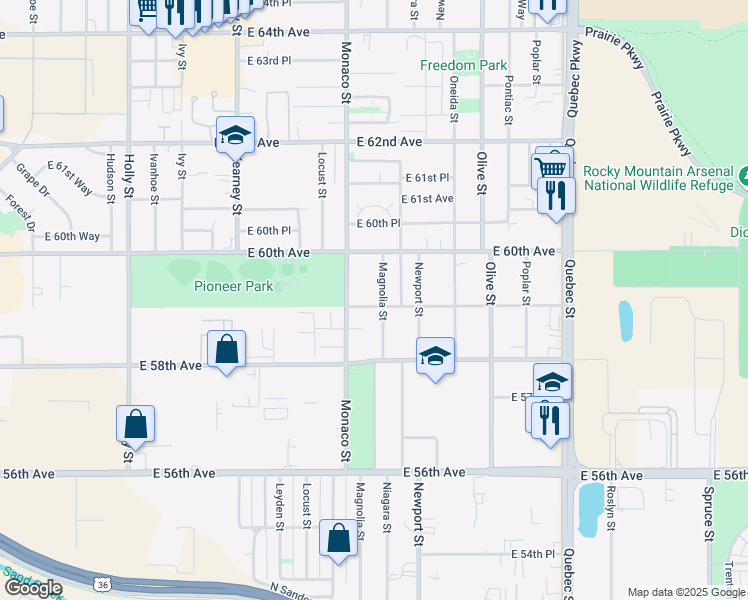 map of restaurants, bars, coffee shops, grocery stores, and more near 5903 Magnolia Street in Commerce City