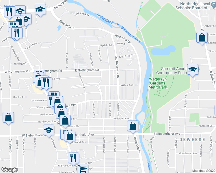 map of restaurants, bars, coffee shops, grocery stores, and more near 155 Fer Don Road in Dayton