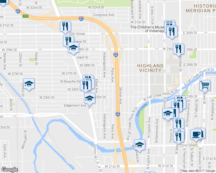 map of restaurants, bars, coffee shops, grocery stores, and more near 459 West 26th Street in Indianapolis