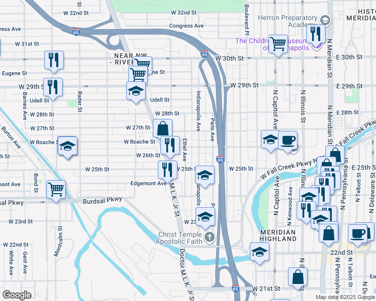 map of restaurants, bars, coffee shops, grocery stores, and more near 525 West 26th Street in Indianapolis