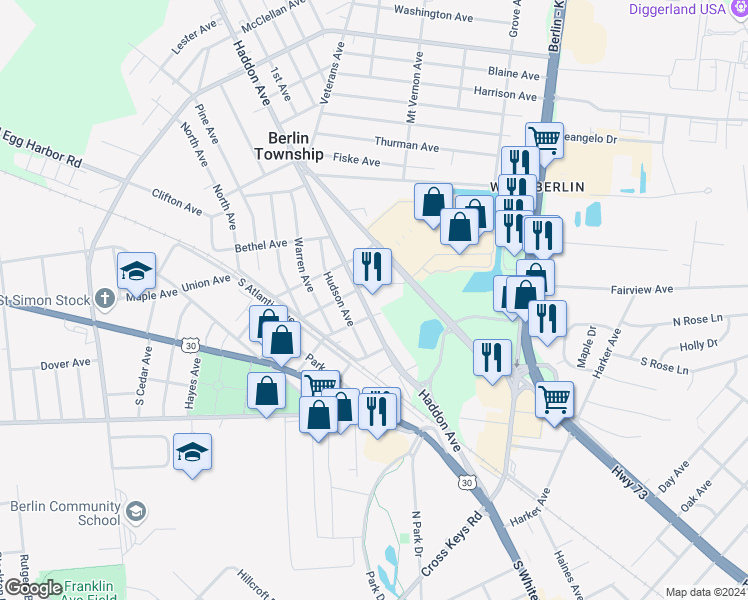 map of restaurants, bars, coffee shops, grocery stores, and more near 76 Haddon Avenue in West Berlin