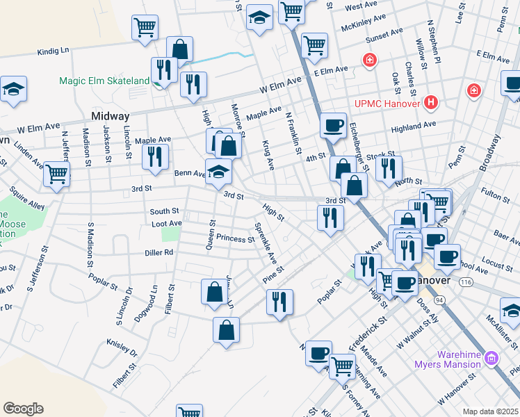 map of restaurants, bars, coffee shops, grocery stores, and more near 408 High Street in Hanover