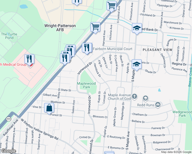 map of restaurants, bars, coffee shops, grocery stores, and more near 1265 Hemlock Drive in Fairborn