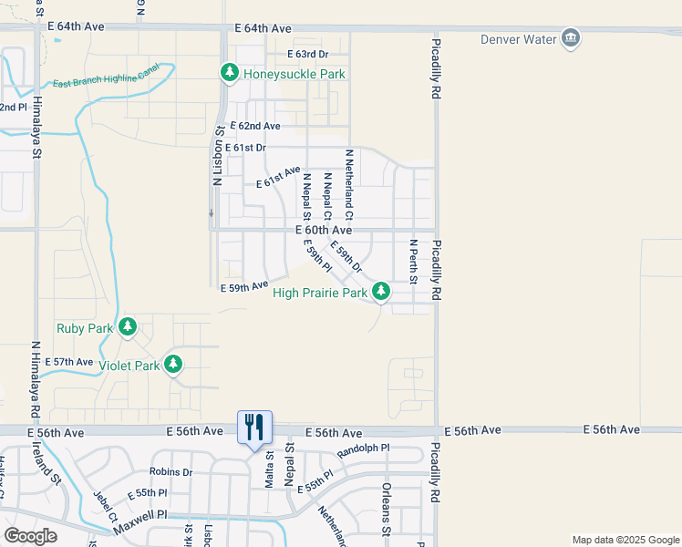 map of restaurants, bars, coffee shops, grocery stores, and more near 21383 East 59th Place in Aurora