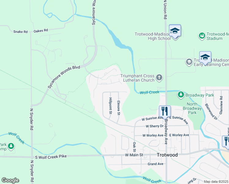 map of restaurants, bars, coffee shops, grocery stores, and more near 610 North Sherry Drive in Trotwood