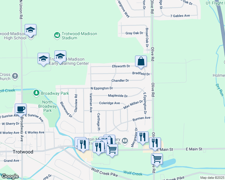 map of restaurants, bars, coffee shops, grocery stores, and more near 704 North Eppington Drive in Dayton