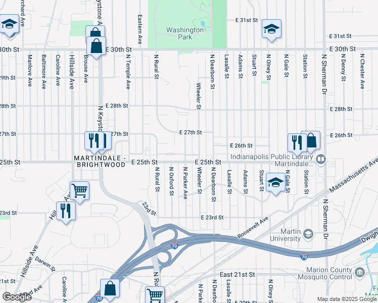 map of restaurants, bars, coffee shops, grocery stores, and more near 2520 Wheeler Street in Indianapolis