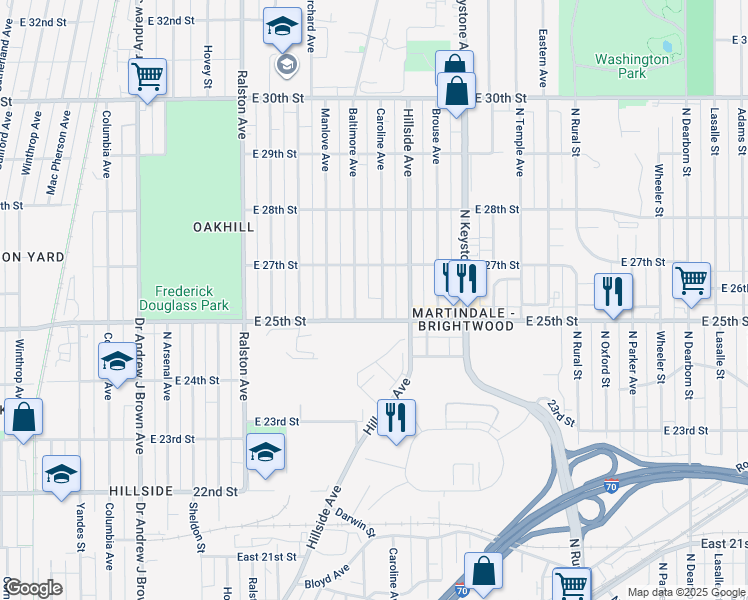 map of restaurants, bars, coffee shops, grocery stores, and more near 2522 Caroline Street in Indianapolis