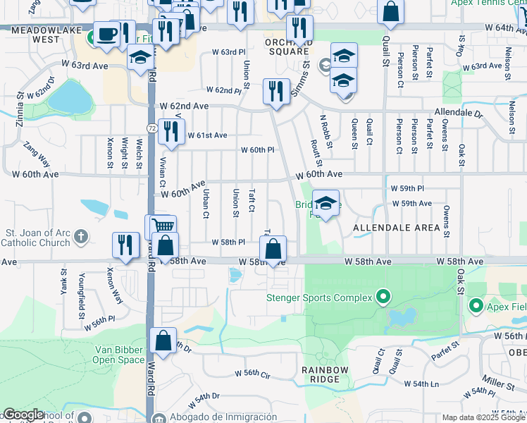 map of restaurants, bars, coffee shops, grocery stores, and more near 5882 Taft Street in Arvada