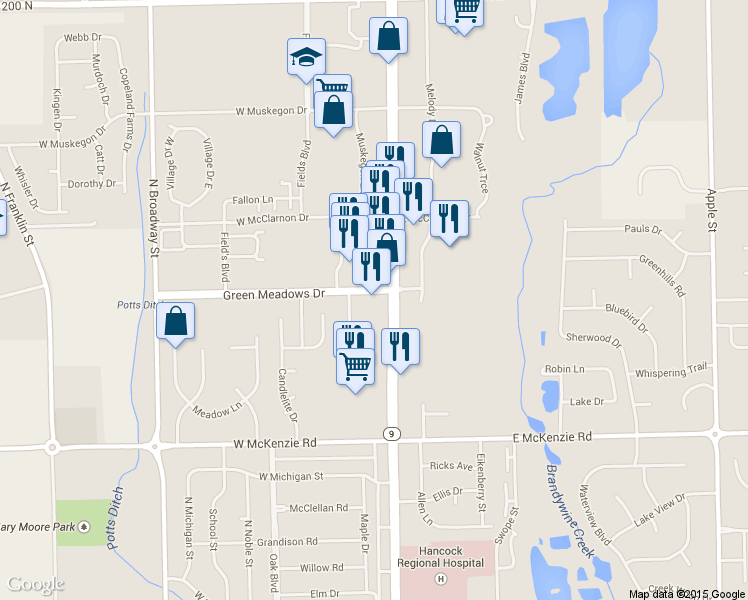 map of restaurants, bars, coffee shops, grocery stores, and more near 1490 N State St in Greenfield