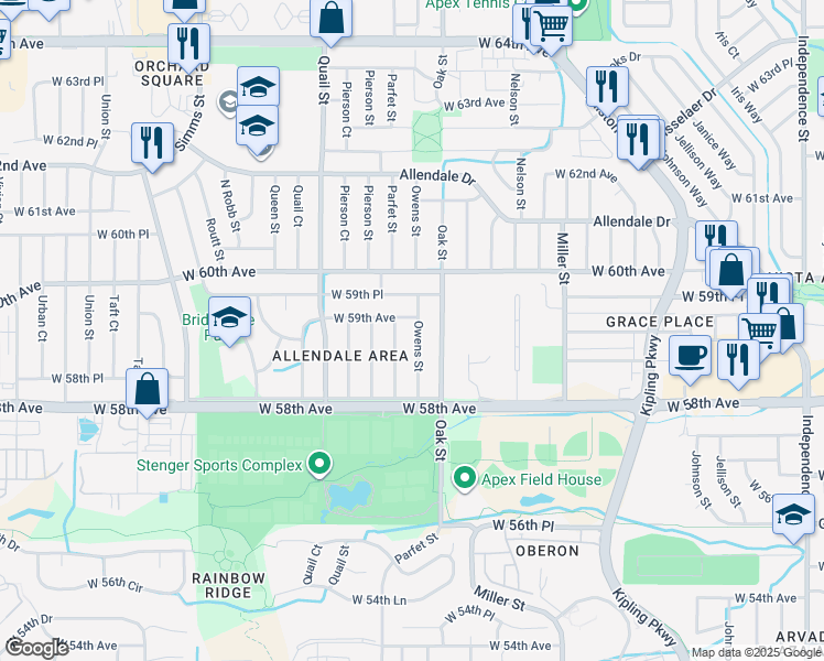 map of restaurants, bars, coffee shops, grocery stores, and more near 5883 Owens Street in Arvada