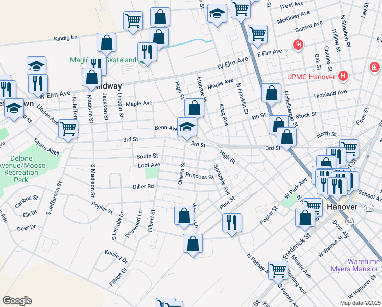 map of restaurants, bars, coffee shops, grocery stores, and more near 47 South Street in Hanover