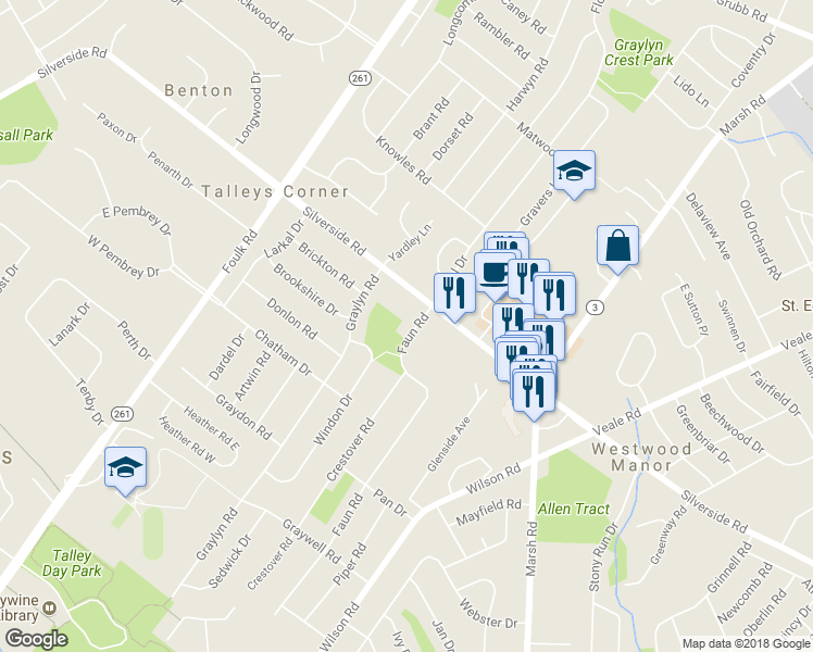 map of restaurants, bars, coffee shops, grocery stores, and more near 1255 Faun Road in Wilmington