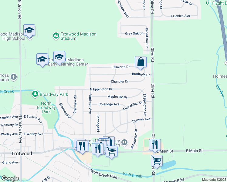 map of restaurants, bars, coffee shops, grocery stores, and more near 704 North Eppington Drive in Dayton