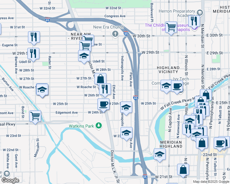 map of restaurants, bars, coffee shops, grocery stores, and more near 525 West 26th Street in Indianapolis