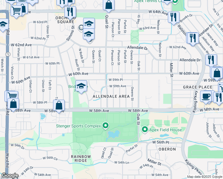 map of restaurants, bars, coffee shops, grocery stores, and more near 5889 Pierson Street in Arvada