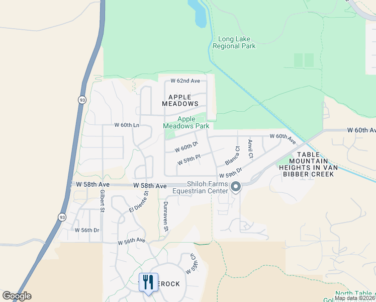 map of restaurants, bars, coffee shops, grocery stores, and more near 19012 West 60th Drive in Golden