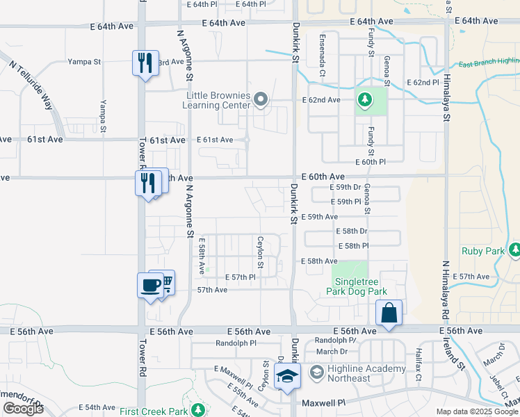 map of restaurants, bars, coffee shops, grocery stores, and more near 5890 Ceylon Street in Denver