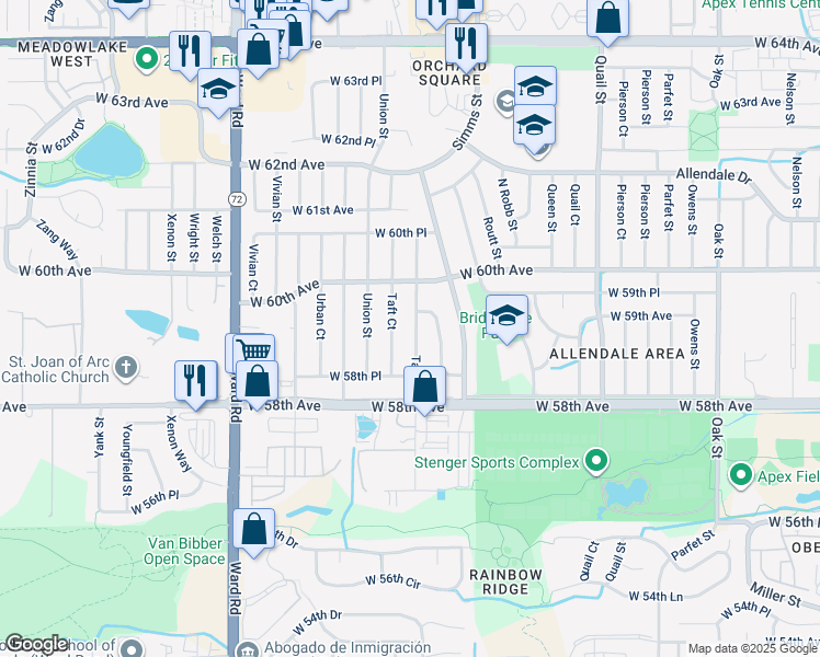 map of restaurants, bars, coffee shops, grocery stores, and more near 5882 Taft Street in Arvada
