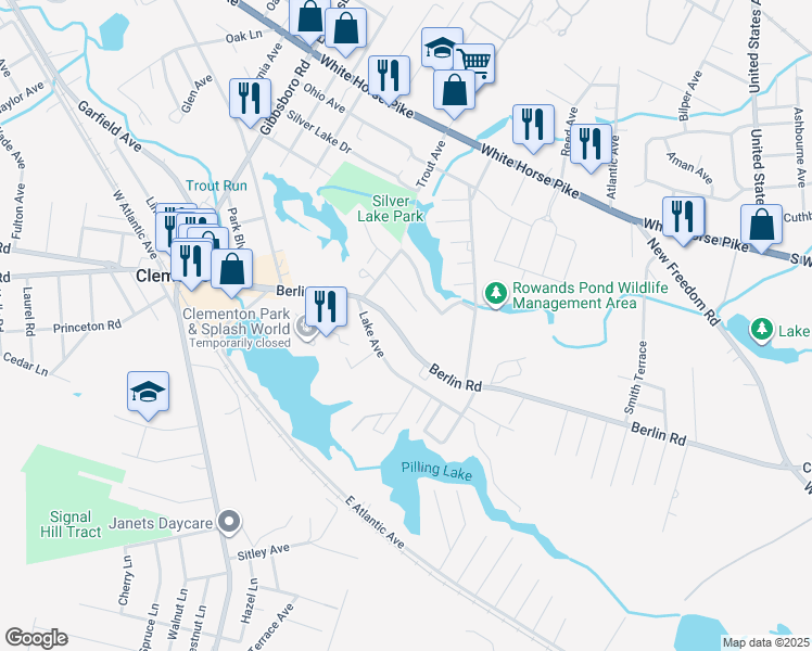 map of restaurants, bars, coffee shops, grocery stores, and more near 224 Berlin Road in Clementon