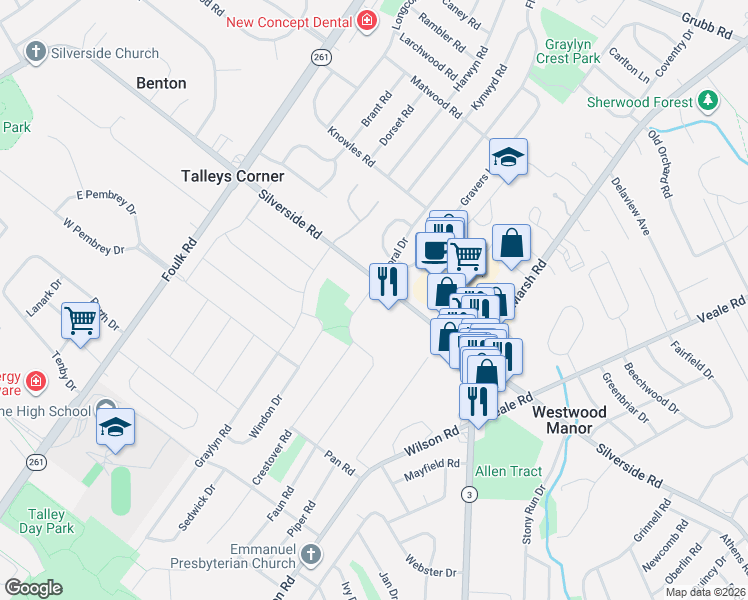 map of restaurants, bars, coffee shops, grocery stores, and more near 1255 Faun Road in Wilmington