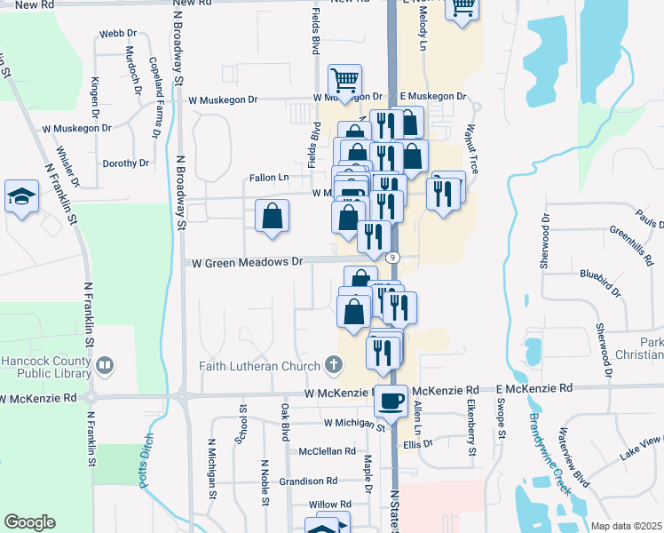 map of restaurants, bars, coffee shops, grocery stores, and more near 211 West Green Meadows Drive in Greenfield