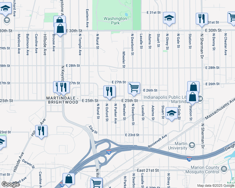 map of restaurants, bars, coffee shops, grocery stores, and more near 2520 Wheeler Street in Indianapolis