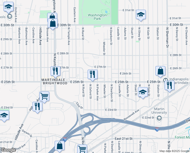 map of restaurants, bars, coffee shops, grocery stores, and more near 2603 Hyche Avenue in Indianapolis