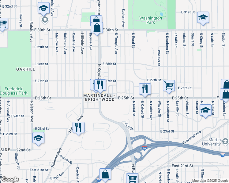 map of restaurants, bars, coffee shops, grocery stores, and more near 2520 North Temple Avenue in Indianapolis