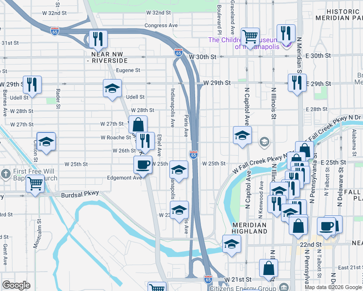 map of restaurants, bars, coffee shops, grocery stores, and more near 459 West 26th Street in Indianapolis