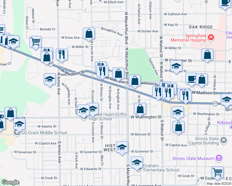 map of restaurants, bars, coffee shops, grocery stores, and more near 221 North English Avenue in Springfield